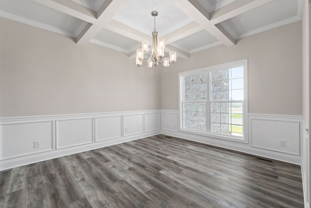 unfurnished room featuring beam ceiling, coffered ceiling, and dark wood-type flooring