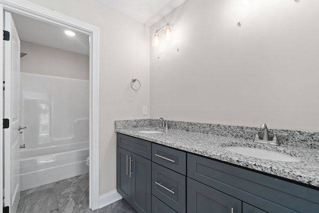 full bathroom with washtub / shower combination, toilet, dual bowl vanity, and tile floors