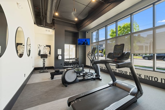 exercise room featuring carpet and a high ceiling