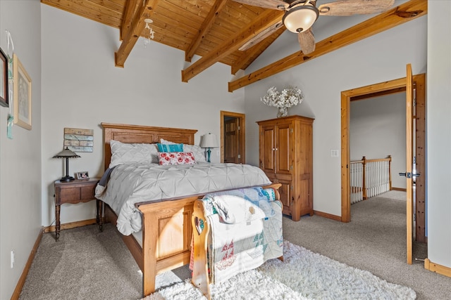 carpeted bedroom featuring high vaulted ceiling, wooden ceiling, ceiling fan, and beam ceiling