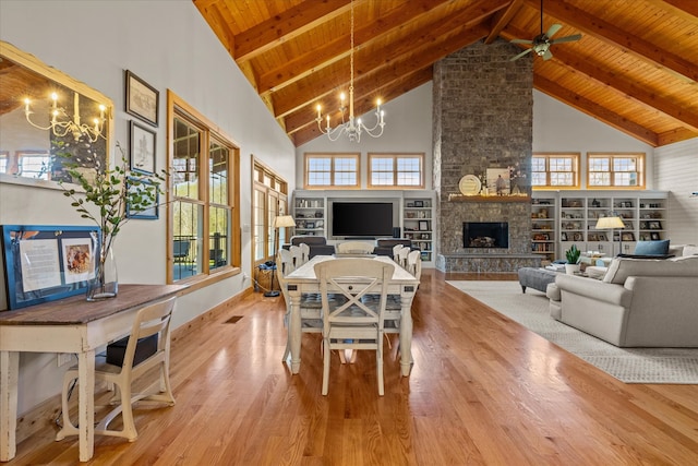 dining area featuring wood ceiling, light hardwood / wood-style flooring, high vaulted ceiling, and beamed ceiling