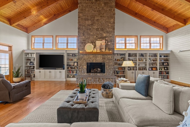 living room with wood ceiling, a wealth of natural light, high vaulted ceiling, and a fireplace