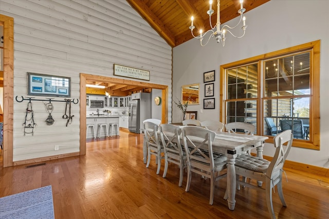 dining space featuring high vaulted ceiling, sink, wood ceiling, hardwood / wood-style flooring, and an inviting chandelier