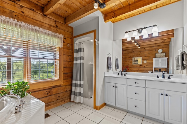 bathroom with wood ceiling, tile flooring, beamed ceiling, and dual vanity