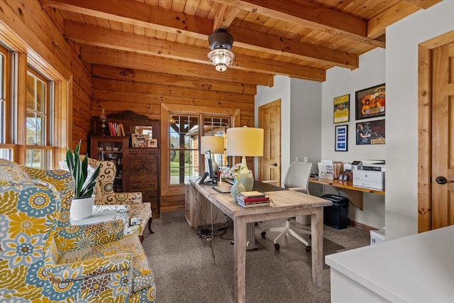 office featuring wooden ceiling, beam ceiling, and carpet floors