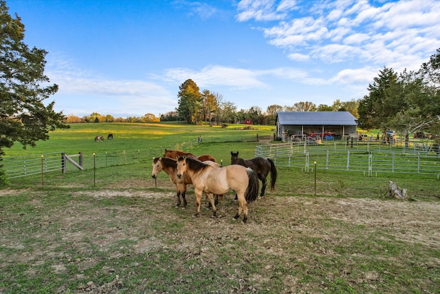 exterior space with an outdoor structure, a yard, and a rural view