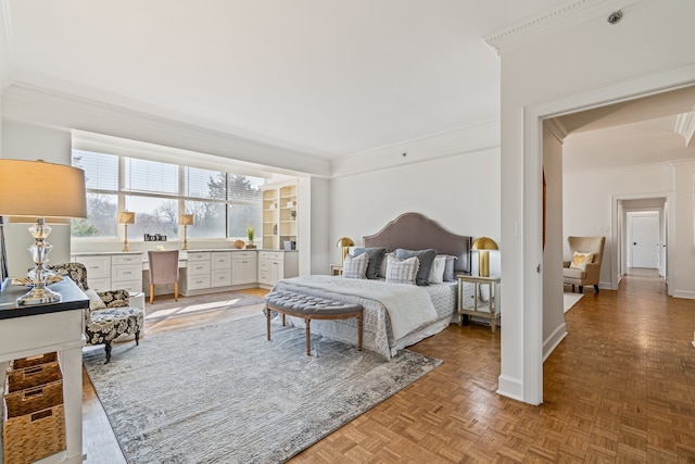 bedroom with parquet flooring and ornamental molding