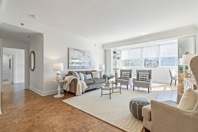 living room featuring crown molding and parquet flooring