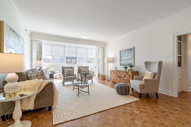 living room featuring parquet flooring and crown molding