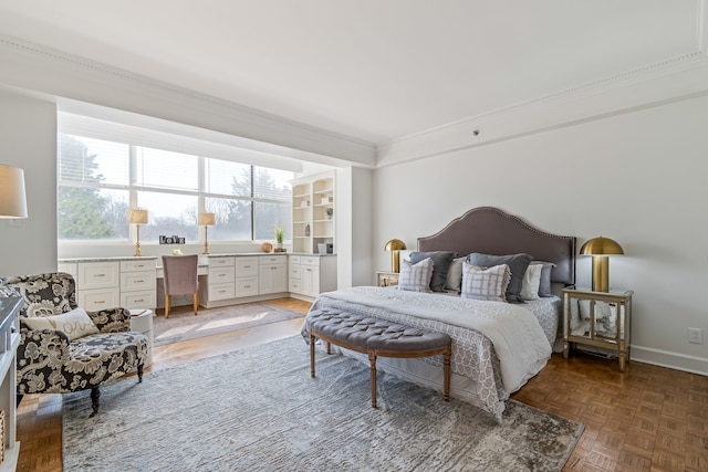 bedroom featuring parquet floors and ornamental molding