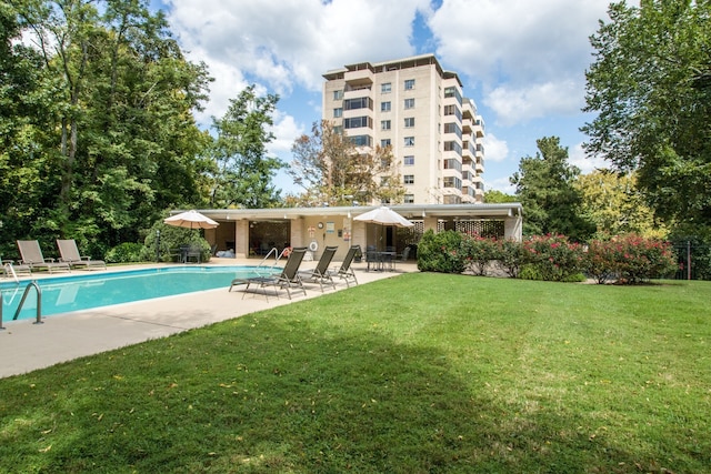 view of swimming pool featuring a patio and a lawn