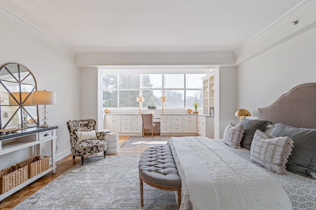 bedroom featuring hardwood / wood-style floors and crown molding