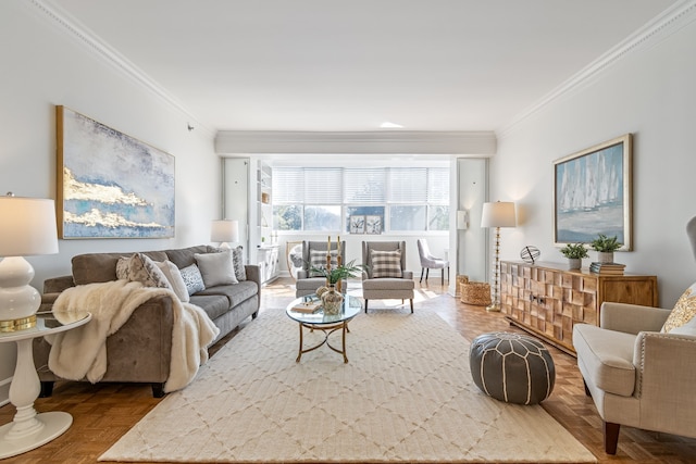 living room featuring parquet flooring and crown molding