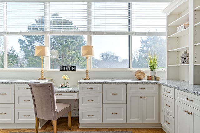 office space featuring a wealth of natural light and light parquet flooring