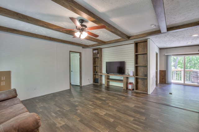 5077 Southpoint Ridge Rd, Hampshire, TN 38461 - unfurnished living room with dark wood-type flooring, ceiling fan, beamed ceiling, and a textured ceiling