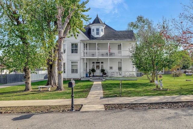 view of front of property featuring central air condition unit, a balcony, a front lawn, and a porch