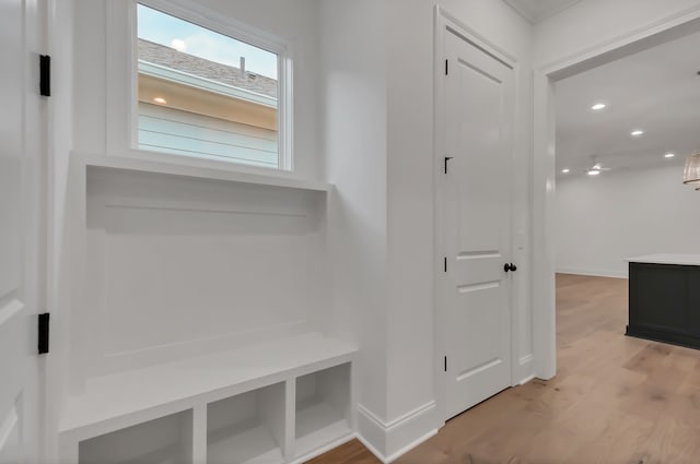 mudroom with light hardwood / wood-style flooring