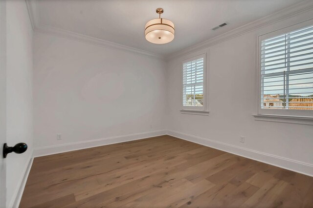 spare room featuring ornamental molding, a healthy amount of sunlight, and wood-type flooring