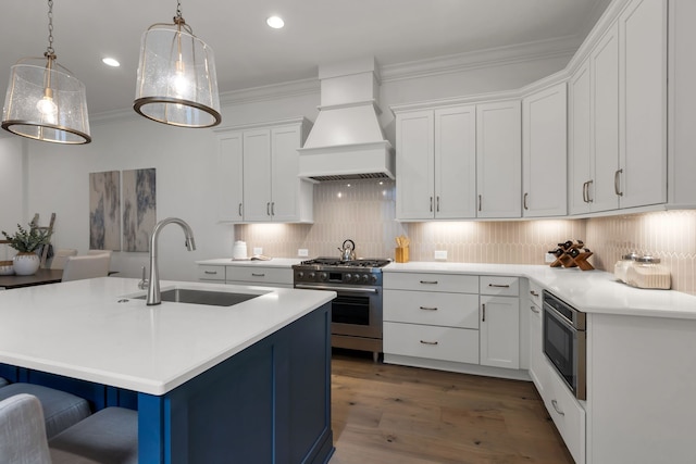 kitchen with stainless steel appliances, sink, premium range hood, and white cabinets