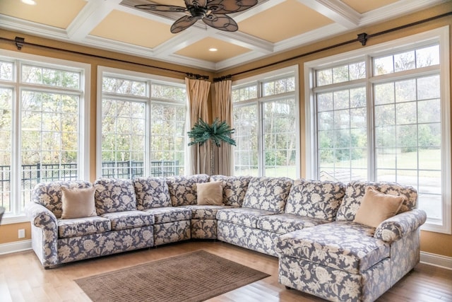 sunroom featuring beam ceiling, ceiling fan, and coffered ceiling