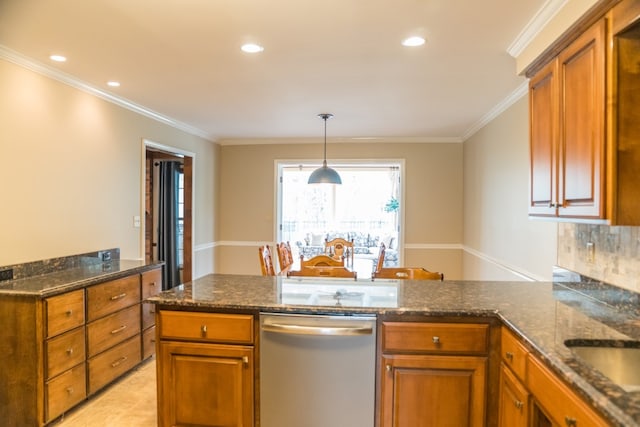 kitchen featuring pendant lighting, dishwasher, backsplash, ornamental molding, and kitchen peninsula