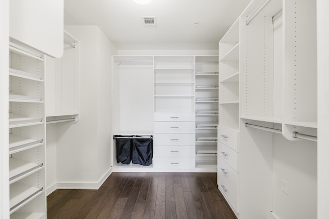 spacious closet with dark hardwood / wood-style flooring