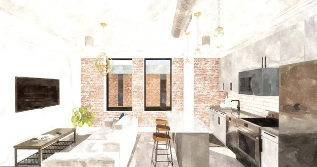 kitchen featuring stainless steel appliances, brick wall, pendant lighting, a breakfast bar area, and white cabinets