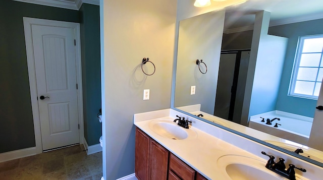 bathroom with dual vanity, crown molding, toilet, tile floors, and a bathing tub