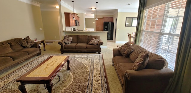 carpeted living room with crown molding