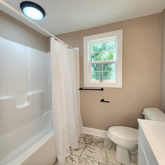 full bathroom featuring vanity, toilet, tile flooring, and shower / bath combination with curtain