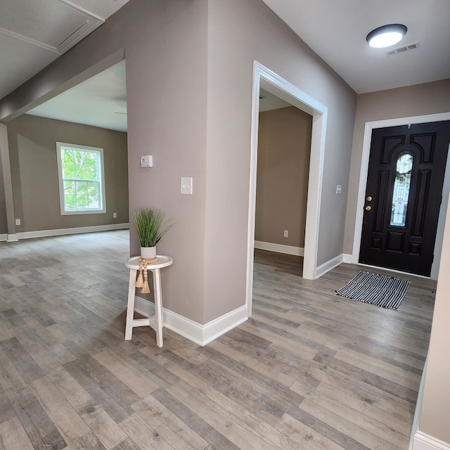 foyer entrance with hardwood / wood-style flooring