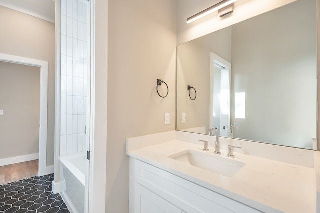 bathroom featuring shower / bathtub combination, vanity, and tile floors