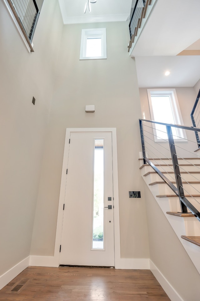 entryway featuring hardwood / wood-style floors and a high ceiling