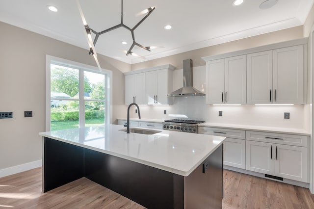 kitchen featuring tasteful backsplash, wall chimney exhaust hood, a kitchen island with sink, sink, and light wood-type flooring