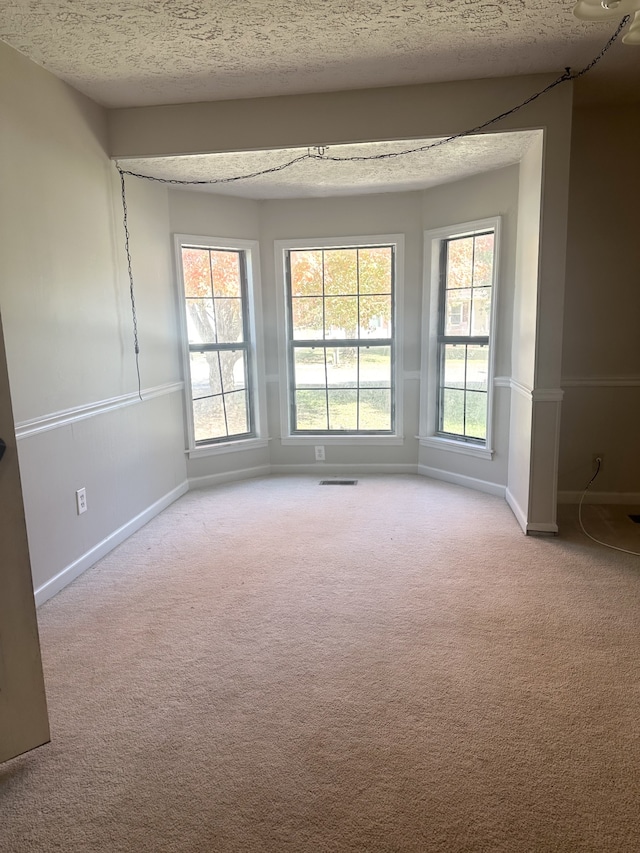 spare room with a textured ceiling and light colored carpet