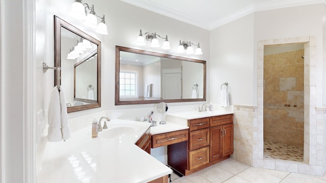 bathroom featuring walk in shower, crown molding, double vanity, and tile flooring