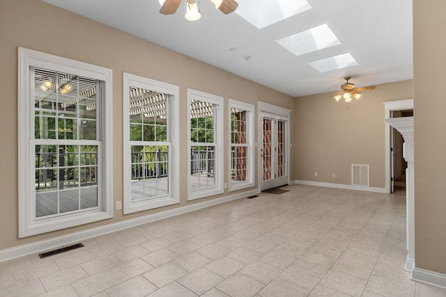 interior space featuring a skylight and ceiling fan