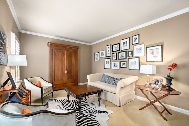 carpeted living room featuring crown molding