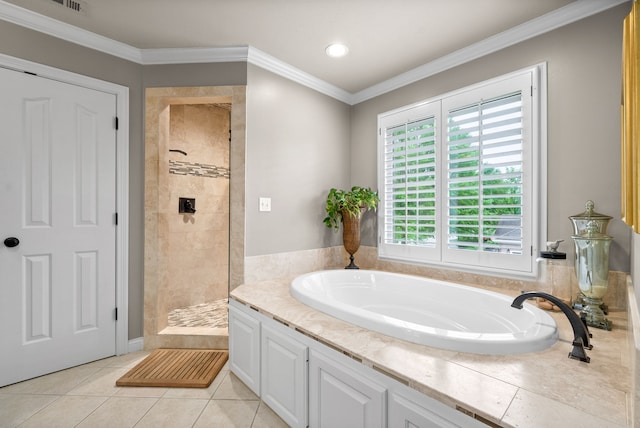 bathroom with crown molding, tile flooring, and independent shower and bath