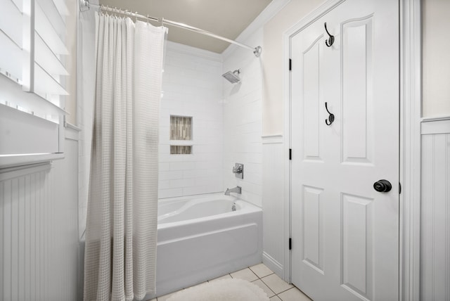 bathroom with crown molding, tile floors, and shower / bathtub combination with curtain