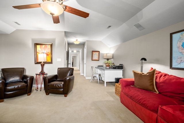 living room with vaulted ceiling, carpet floors, and ceiling fan