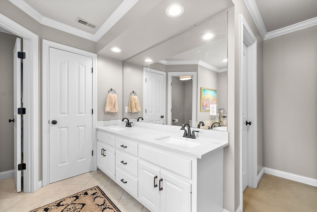 bathroom featuring tile flooring, double sink vanity, and ornamental molding