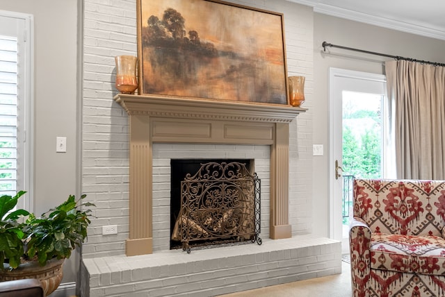 room details featuring a fireplace, carpet, and ornamental molding