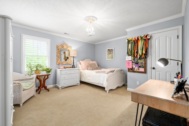 bedroom with crown molding and light carpet