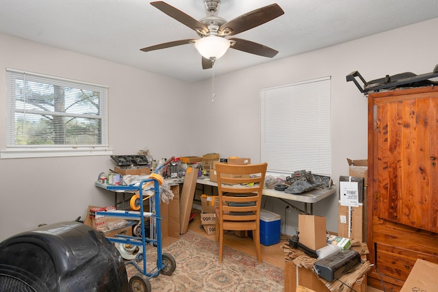 office area featuring ceiling fan and light hardwood / wood-style floors