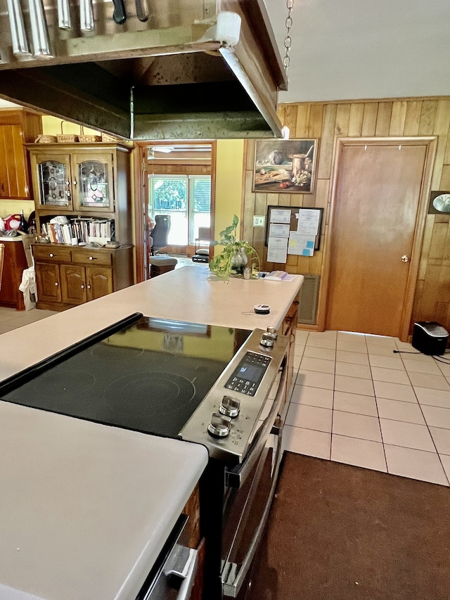 kitchen with wooden walls, light colored carpet, and stainless steel electric range