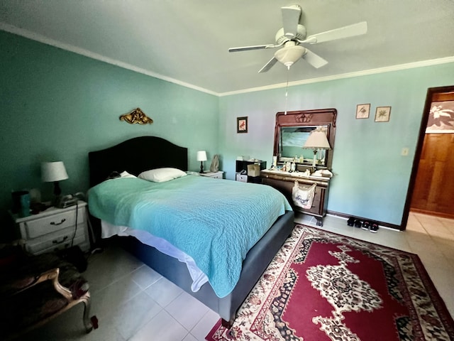 bedroom with ornamental molding, tile flooring, and ceiling fan