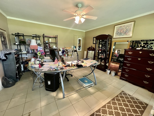 tiled office featuring ceiling fan and ornamental molding