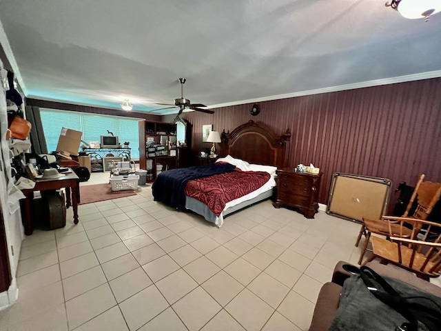 bedroom with ceiling fan and light tile flooring