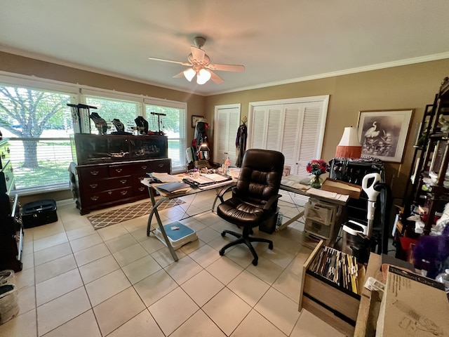 home office with a wealth of natural light, crown molding, and ceiling fan